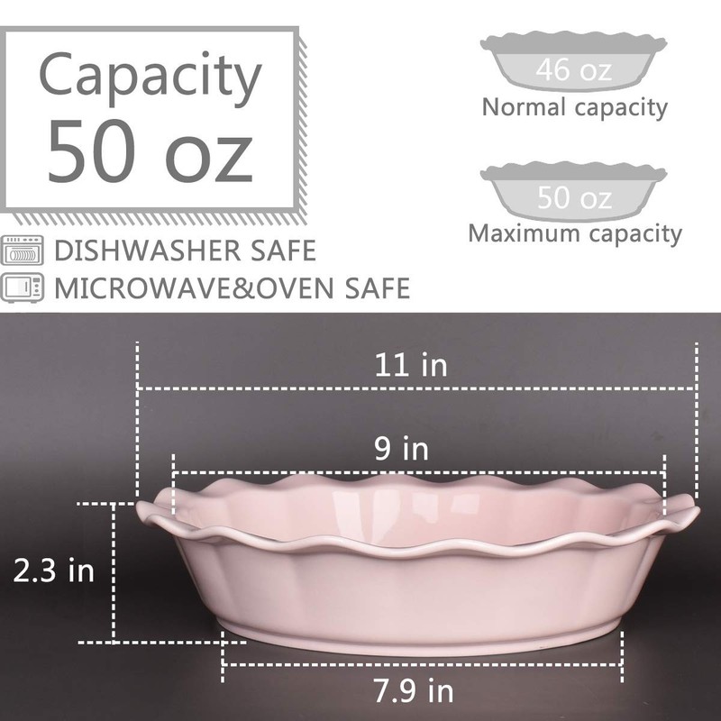 Bosmarlin Ceramic Pie Pan, 9 Inches Dish, 50 oz, Plate 9 inches, Pink gallery