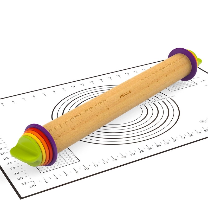 Adjustable Wooden Rolling Pin with Thickness Rings & Silicone Pastry Mat - 13.6" gallery