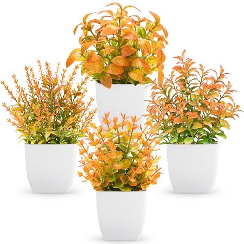 4 Pack Fall Fake Plants Mini Artificial Greenery Potted Plants Fall Orange