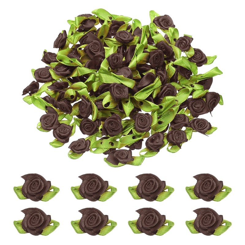 100 Pcs Mini Ribbon Roses Flowers Bows for Crafts, 15mm/0.6" Dia, Coffee