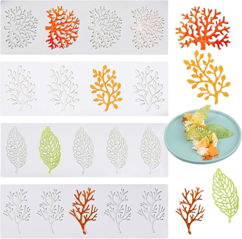GROWTAIL 4 Pcs Silicone Baking Molds – 3D Leaf Tuile Lace Cake Decorating, Coral