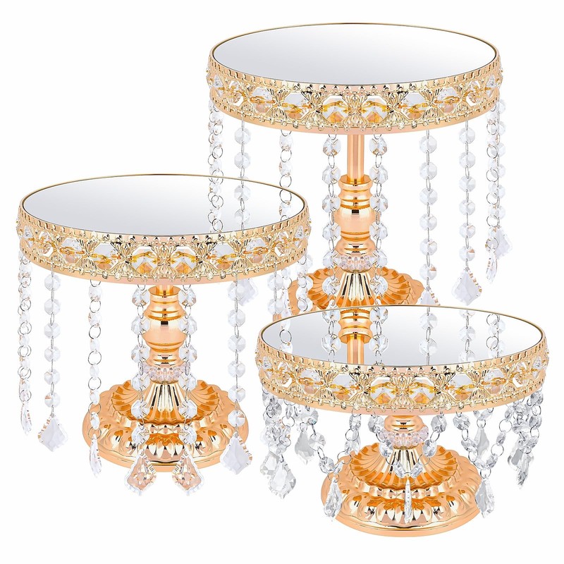 3 PCS Round Cake Stand with Crystal Bling Pendants European Style Lace Cake P…