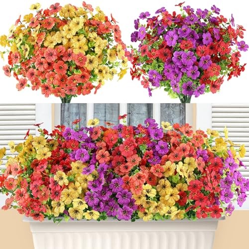 16 Bundles Artificial Flowers for Outdoor 16 PCS Red Purple Yellow Orange