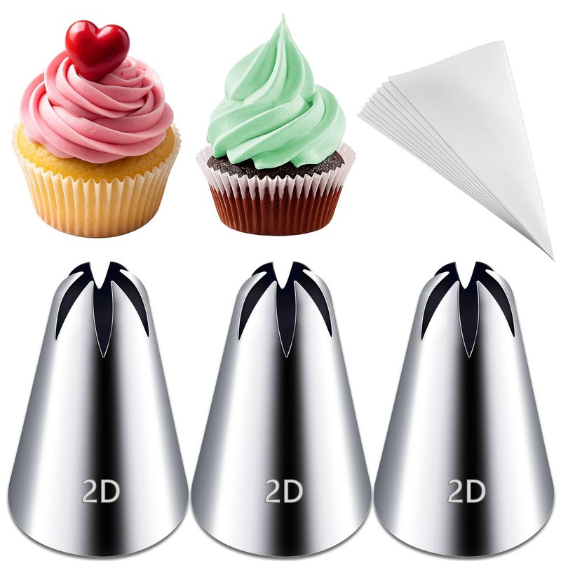 2D Cake Piping Tips 3 PCS Large Decorating Nozzles With 20 PCS Pastry Bags