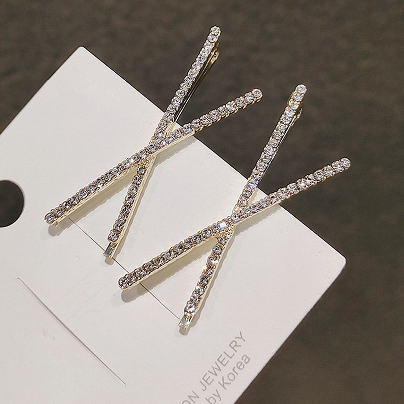 2pcs Cross Crystal Hairpins Rhinestones X Hair Clips Barrettes Simple Side ClSD