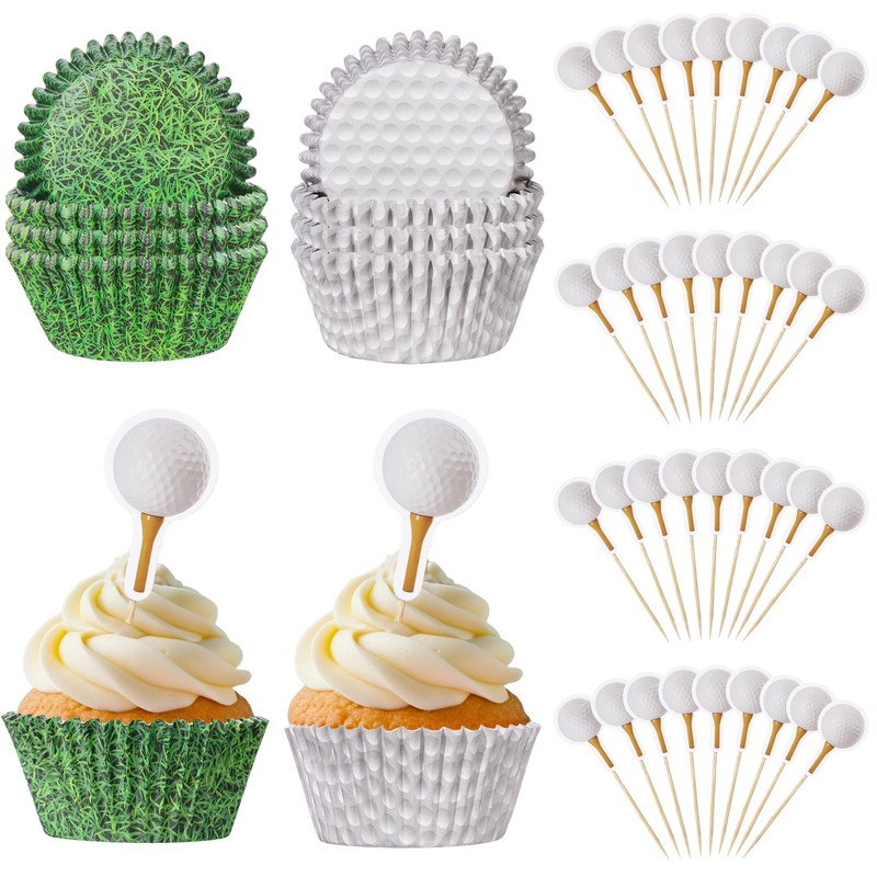 200 PCS Golf Cupcake Liners Toppers Green Grass White Balls Muffin Wrappers