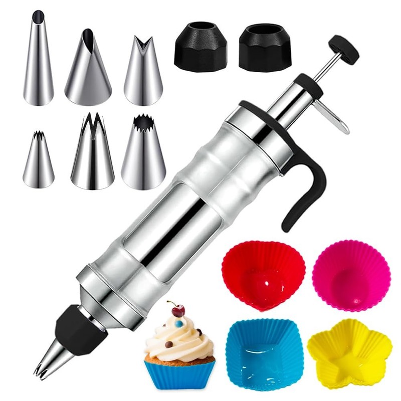 Dessert Decorating Syringe Set with 8 Silicone Cupcake Liners,Frosting Piping…
