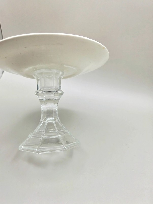 Mini Cake Stand or Cupcake Stand, Red & White Floral on Clear Glass Pedestal gallery