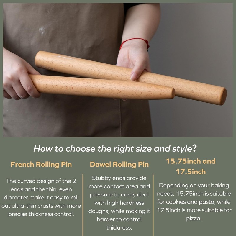 Hand-Sanded 15.75-Inch Tapered Beech Rolling Pin for Bakery-Quality Pastries gallery