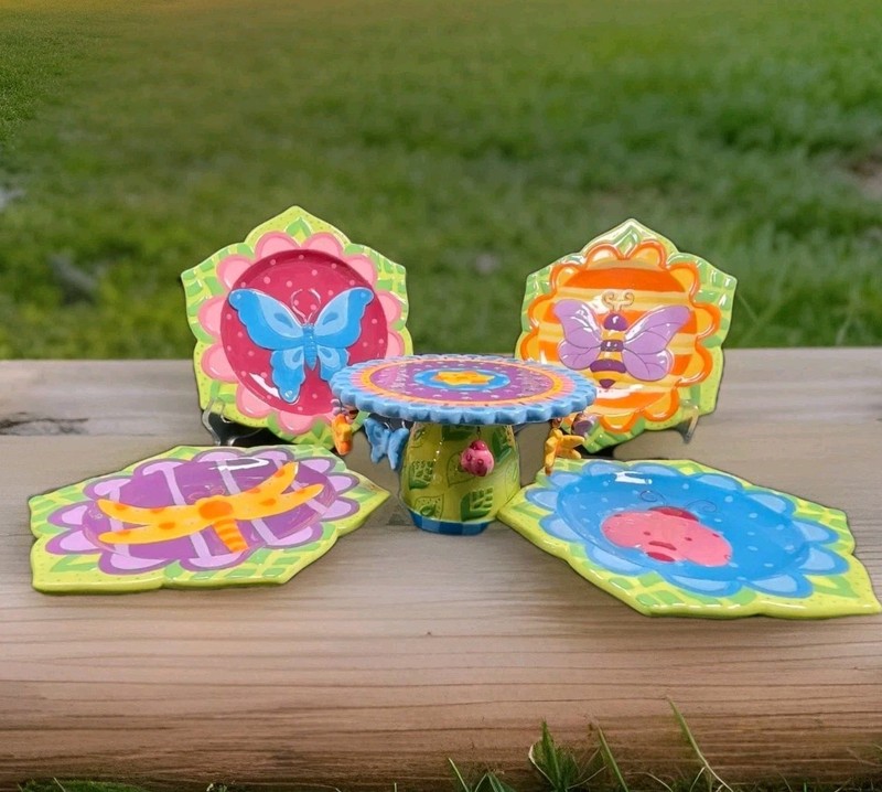 MWW Market Cup/Cake Stand W/Plates Butterfly Bees Lady Bug Garden Spring Summer