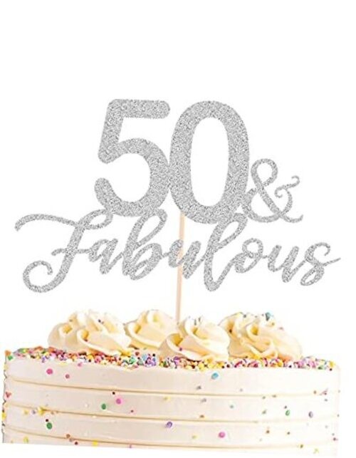 50 Fabulous Cake Topper, Premium Glitter Cardboard Cake Decoration for Silver