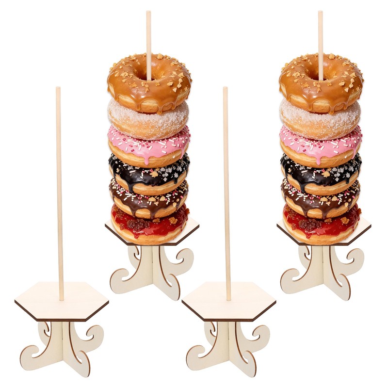 4 Pcs Wood Donut Stands Hexagon with Bracket for Dessert Table, Natural