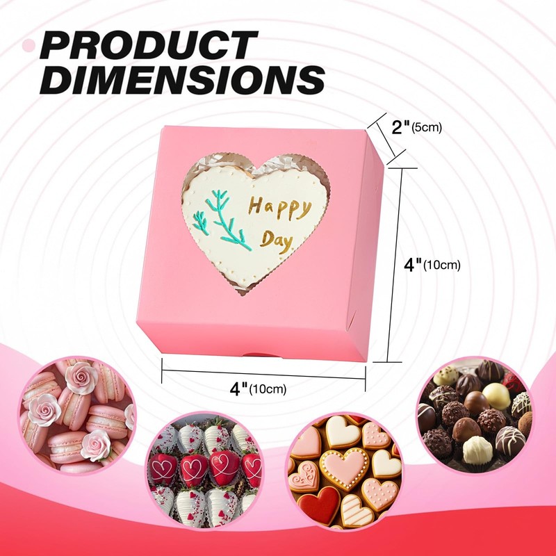 48PCS 4"x4"x2" Heart-Shaped Window Bakery Boxes in White, Pink, Red - Perfect... gallery