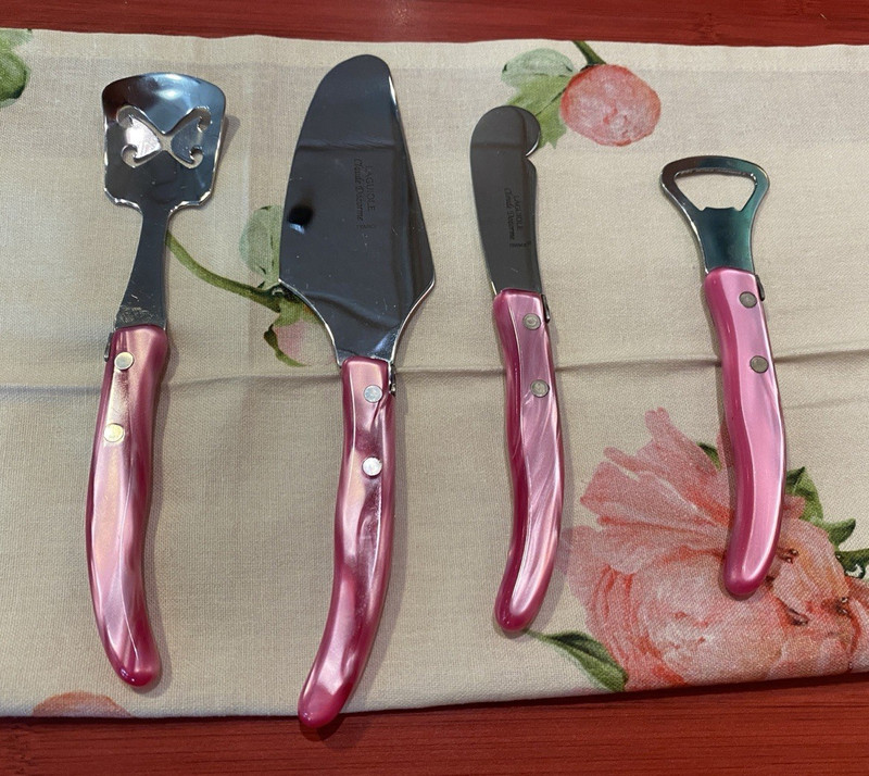 Laguiole Claude Dozorme 4 piece cake cutter bottle opener ice spoon pink FRANCE