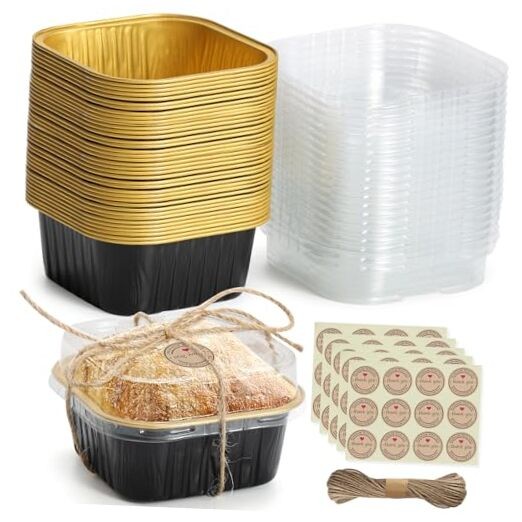 Mini Square Baking Cups with Lids, 50 Pcs 5oz Aluminum Foil Gold & Black