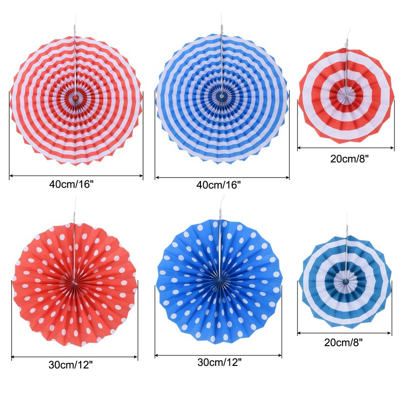 8"/12"/16" Hanging Fan Paper, 6 in 1 Set, Red Blue gallery