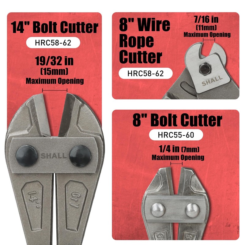 SHALL 3pc Bolt Cutter Set: 14" Heavy Duty, 8" Mini, 8" Wire Rope Cutters w/Case gallery