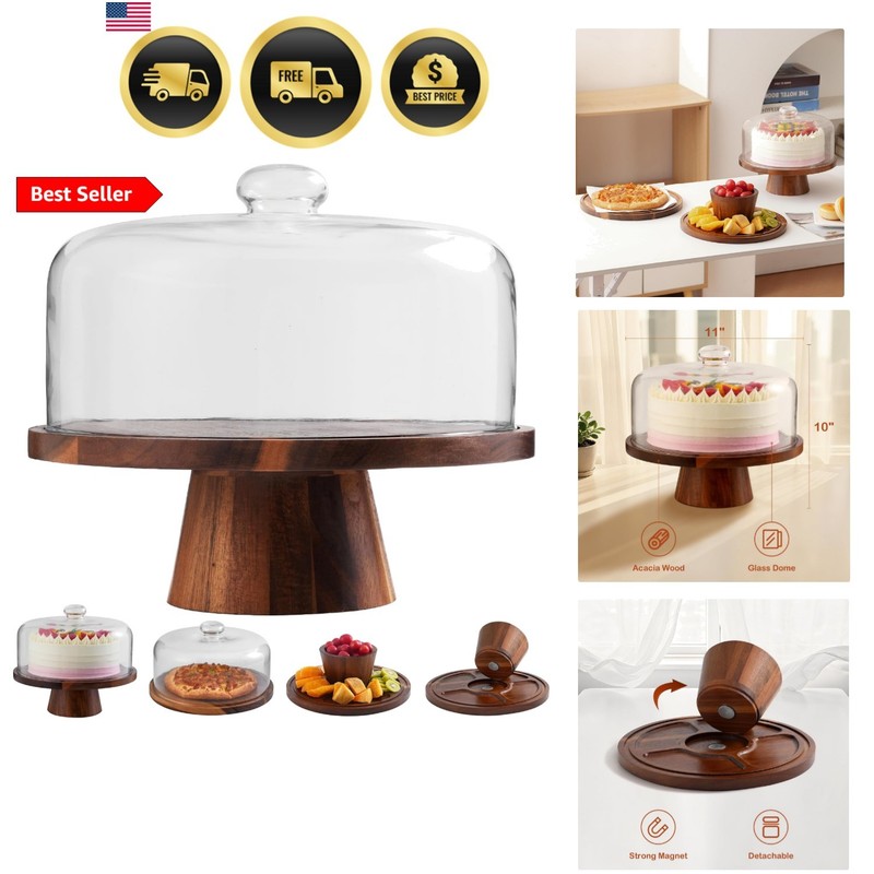 Acacia Wood Cake Stand with Glass Lid – 12" Magnetic Base, Detachable Serving...