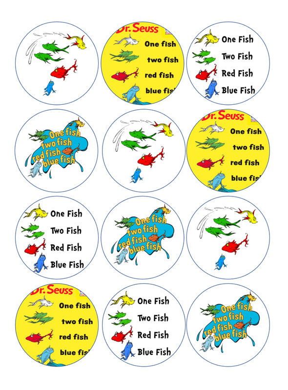 12 Dr. Seuss, One fish, edible paper, cupcake cookie toppers CHOOSE SIZE