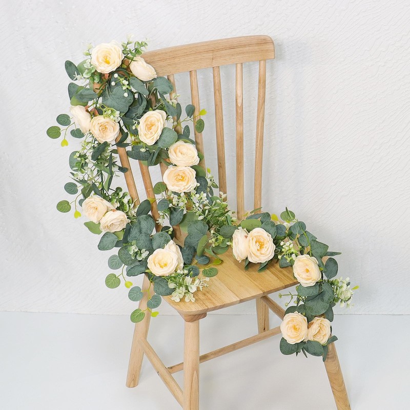 TOCHGREEN 4 Pack 24Ft Artificial Eucalyptus Flower Garland with Champagne Roses, gallery