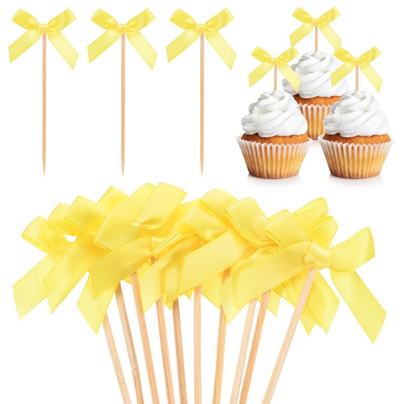 30Pcs Bow Cupcake Toppers, Ribbon Bow Cake Toppers for Cupcake Decor [Yellow]