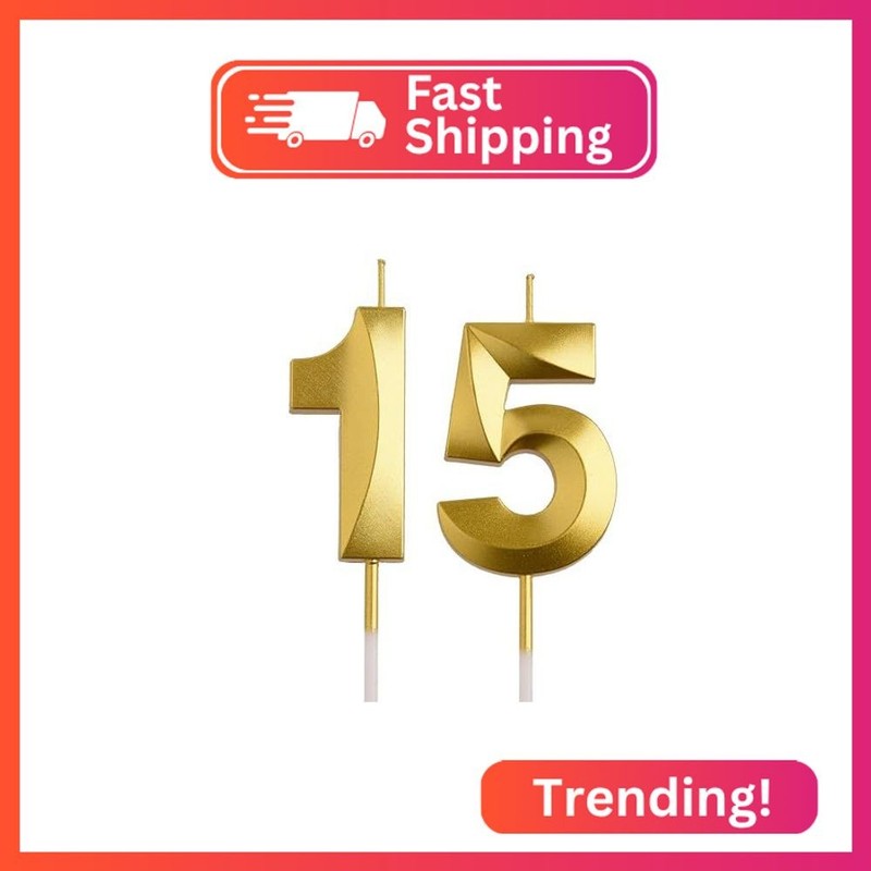 AOOLADA 15th Birthday Candles, Gold 3D Number 15 Happy Birthday Candle Cake Topp