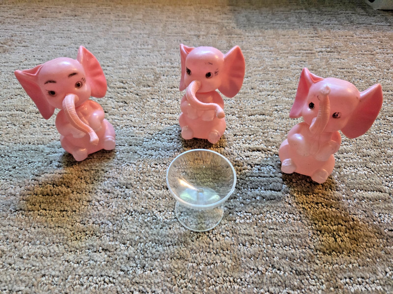 Vintage Pink Elephant Wilton Cake Toppers Set Of 3 & Champagne Glass Plastic