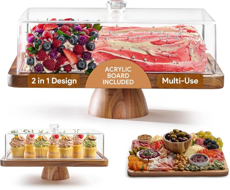 Acacia Wood Cake Stand W/ Lid Rectangular Cake Holder 2-in-1 Dessert Table