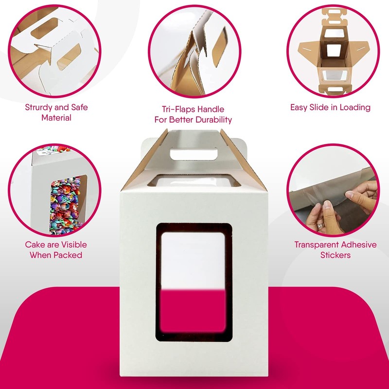 - 4 Pack Tri-Handle Tall Cake Boxes With Windows In 2 Sizes 10x10x12 & 12x12x... gallery