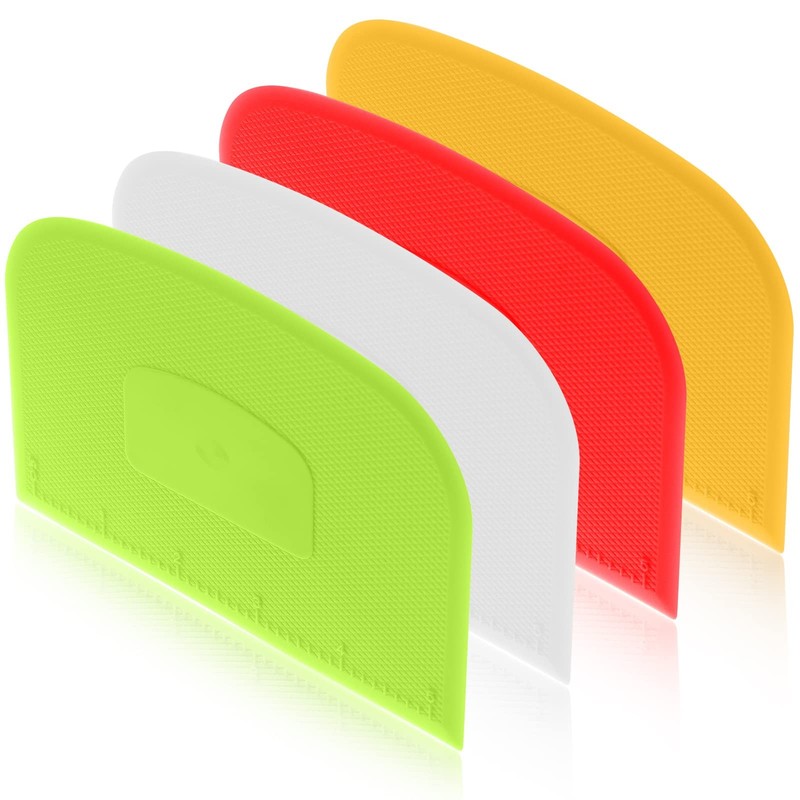 Plastic Dough Scraper 4 Pack with Printed Scale – Ideal for Baking and Cooking