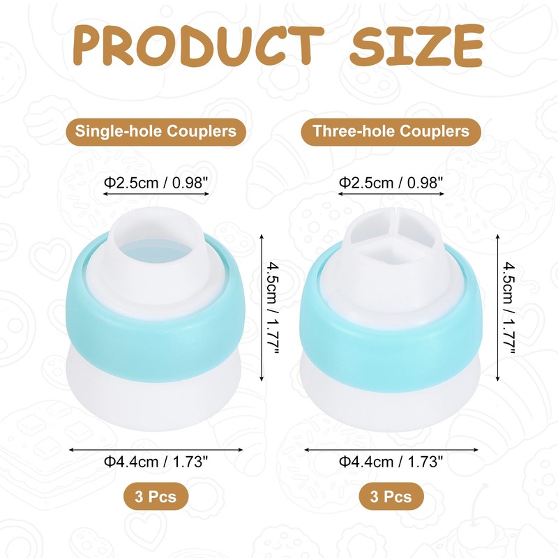 Piping Bag Couplers, 3Pcs Single Hole and 3Pcs Triple Hole Baking Tools, Blue gallery