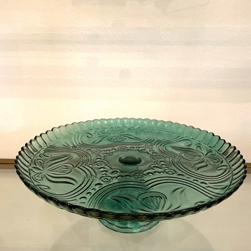 Amici Home Green Floral Footed Glass Cake Stand 10in Round Vintage Style NEW gallery