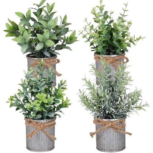 Small Artificial Plants Set of 4 Fake Potted Plant with Iron Pot Mini Greenery