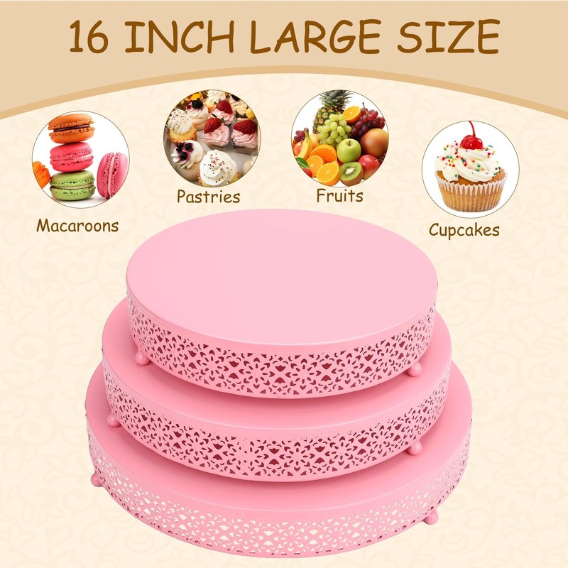 3 Piece pink cake stand Set 16'' 14'' 12'' Round Metal Cake Stands Cupcake St... gallery