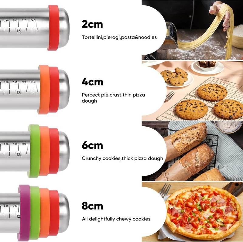 Stainless Steel Rolling Pin W/ Adjustable Thickness Rings 4 Interchangeable gallery