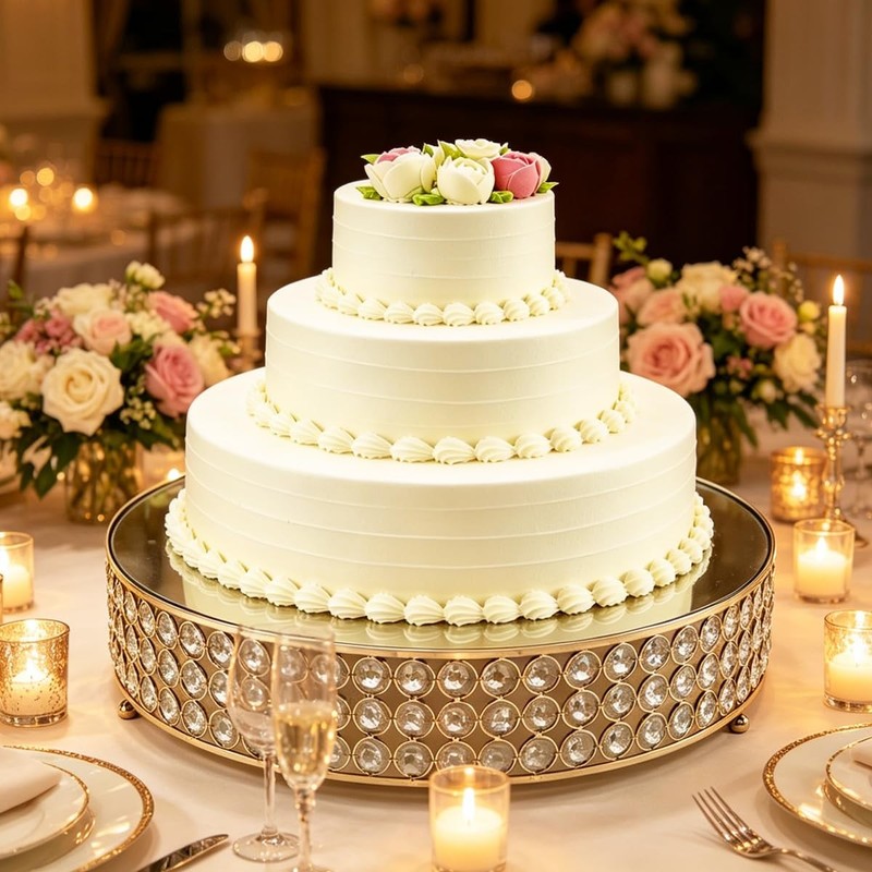 Metal Cake Stand with Mirror Top Plate Beaded Crystal Display Cake Pedestal,B... gallery
