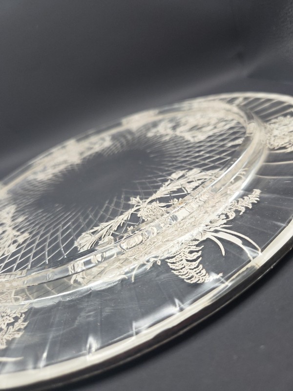 Stunning Vintage Silver Floral Overlay Clear Glass Spiral Diamond Cake Plate 13" gallery