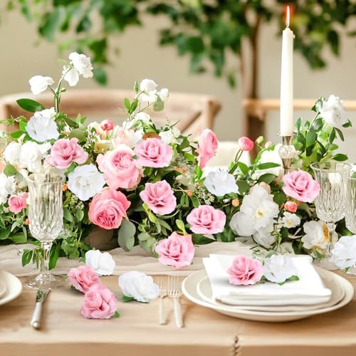50pcs Mini Roses Artificial Flower Heads, 1.6” Small 1.57 Inch Pink and White gallery