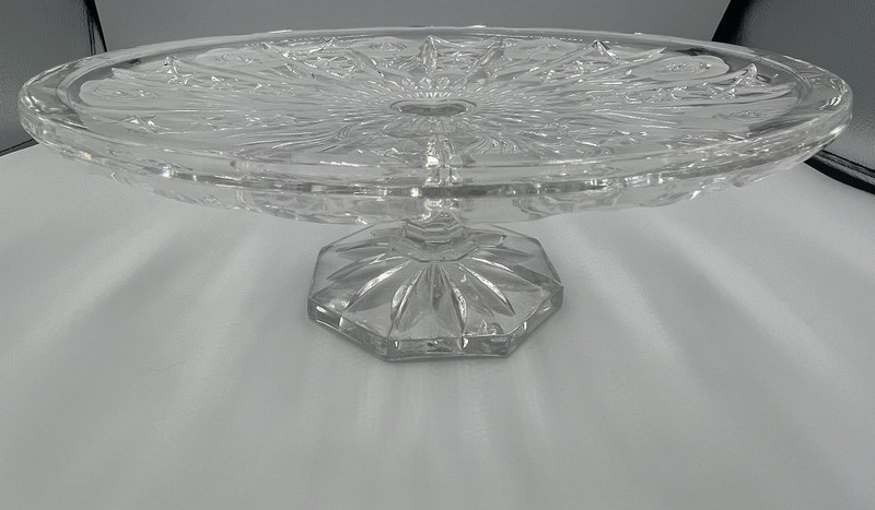 Vintage Leonard Crystal 11.25”x 4.25” Etched Cabbage Rose Pedestal Cake Plate gallery
