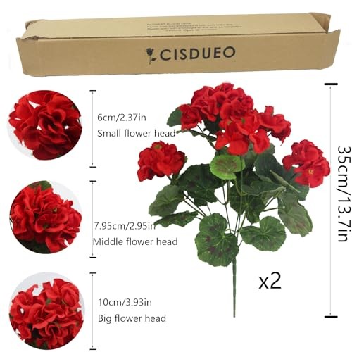 CISDUEO 2 Pcs Artificial Geranium Flowers for Outdoors Silk Flowers Outside Red gallery
