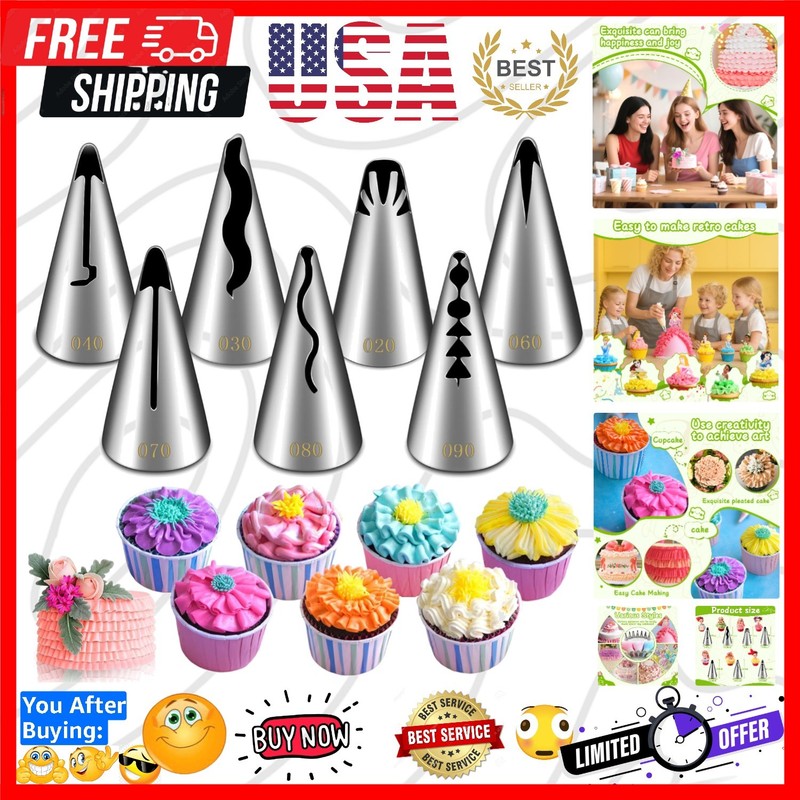7 Pieces Pleated Skirt Piping Nozzles Set, Stainless Steel Russian Nozzles Ti…