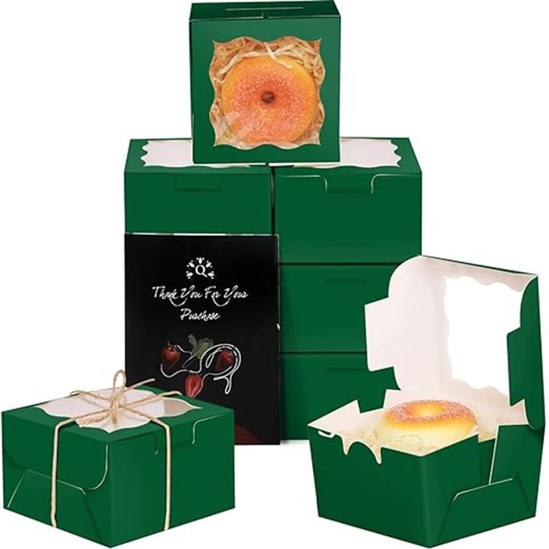 Deep Green Bakery Boxes with Window 55pcs 4x4x2.5″ Mini Cookie Macaron Boxes