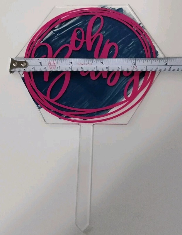 Oh Baby Acrylic Cake Topper Pink w/Blue Paint Splash Hexagon Paddle Baby Shower gallery