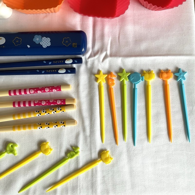BENTO BOX Items Lot Chop Sticks, Picks, Muffin Silicone Molds Sandwich Cutter gallery