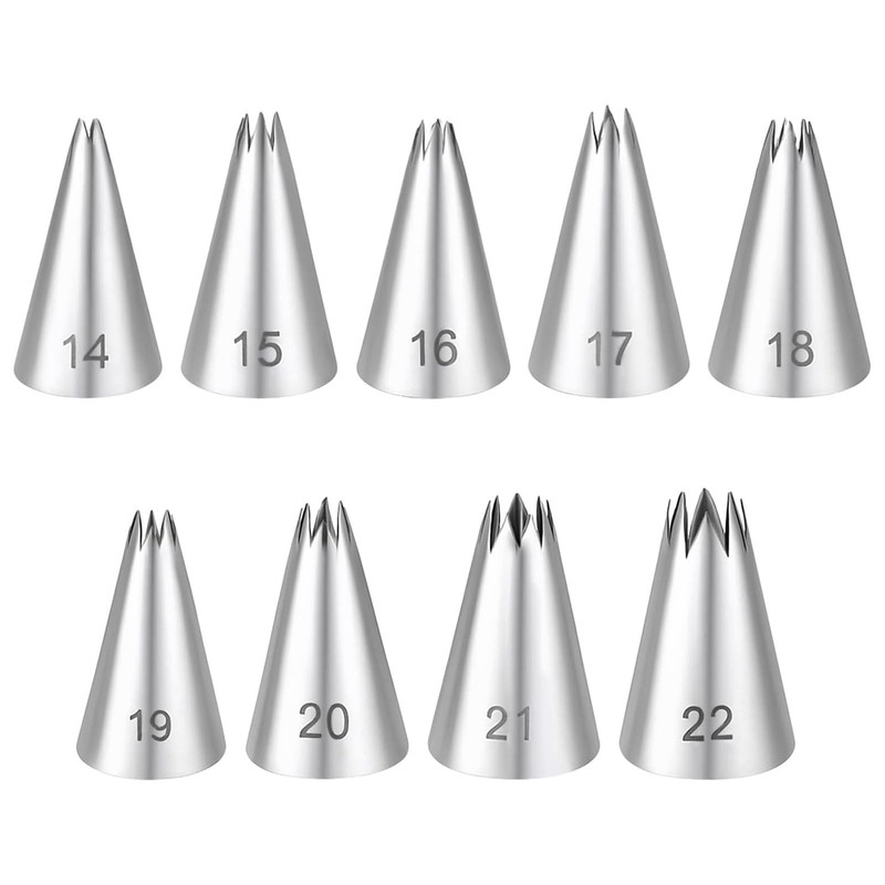 9 PCS Stainless Steel Piping Tips Set French Star Tube Frosting Nozzle Open