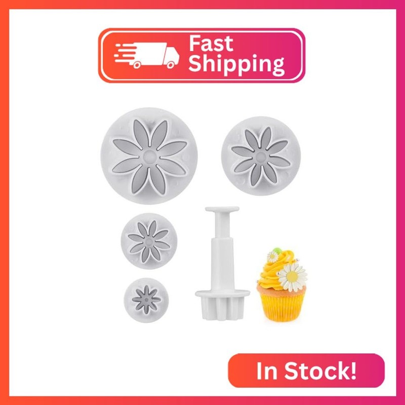 Daisy Fondant Cutter, 4PCS Flower Plunger Cutters, 8Petals Daisy Cookie Cutter,