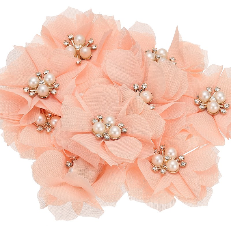 10Pcs 2.36 Inch Rhinestone Chiffon Flower Fabric Appliques Peach Pink