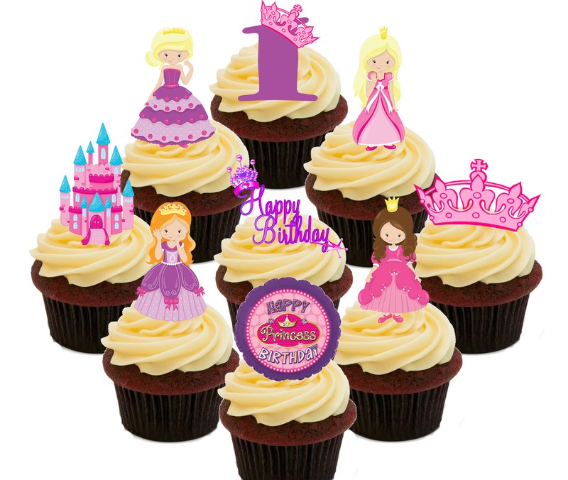 1st Birthday Princess Edible Cup Cake Toppers, 36 Standup Fairy Decorations Girl