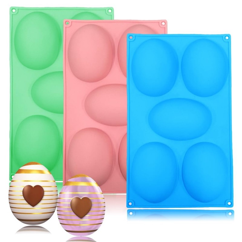 Benekiy 3 Pack 3D Big Easter Egg Silicone Molds 5 Cavity Egg Shape Non-Stick