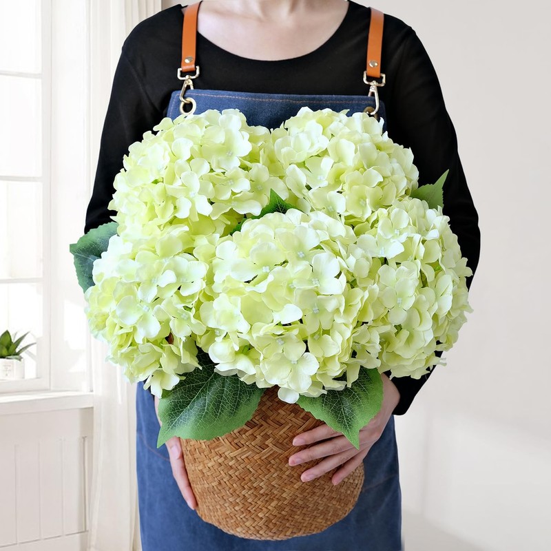 JINWOE Green Hydrangea Artificial Flowers 5Pcs 20″ Faux Silk Bouquet
